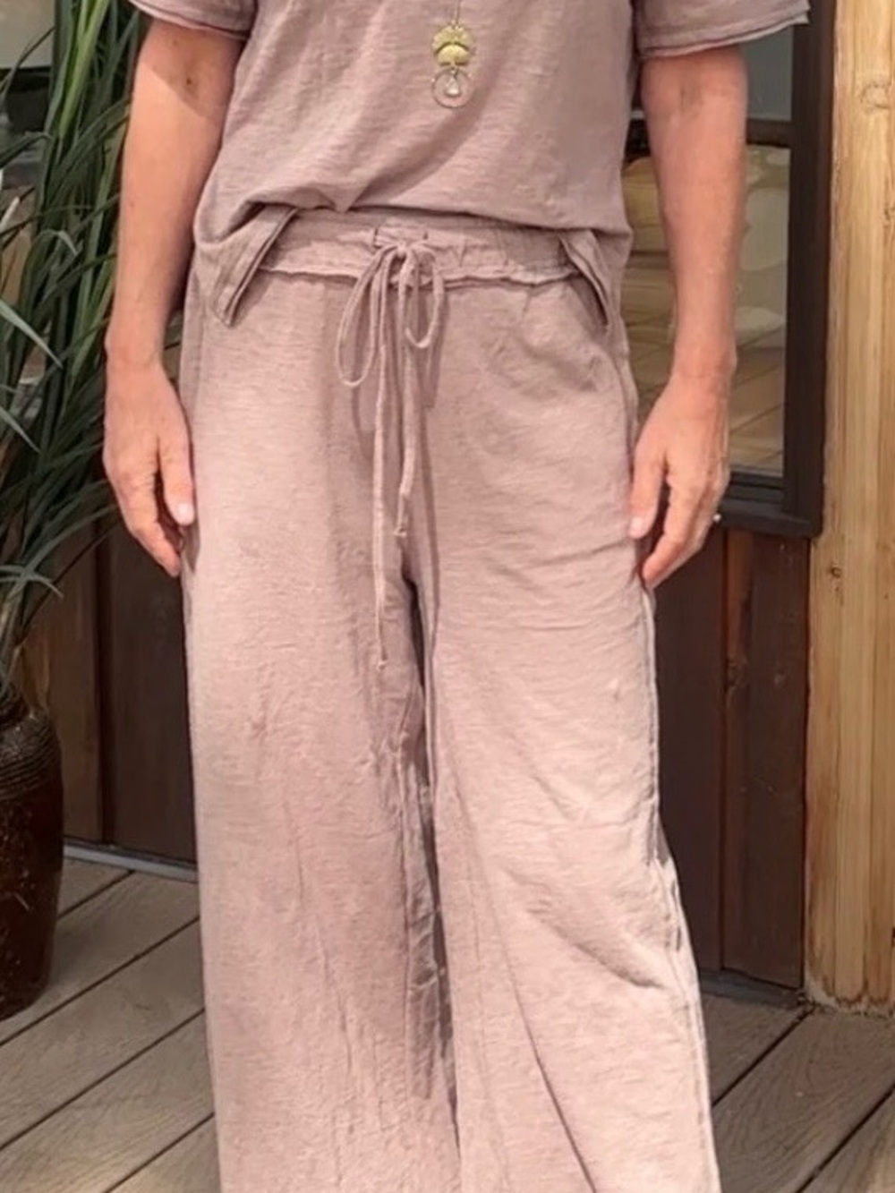 NWT Zenana Outfitters Wide-Leg Drawstring Pants & Short Sleeve Top Sand Beige